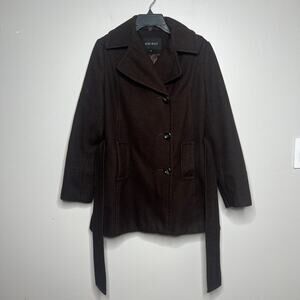 Women's Brown Wool Blend Belted Peacoat Size 6 Coat Jacket Collar Button Front